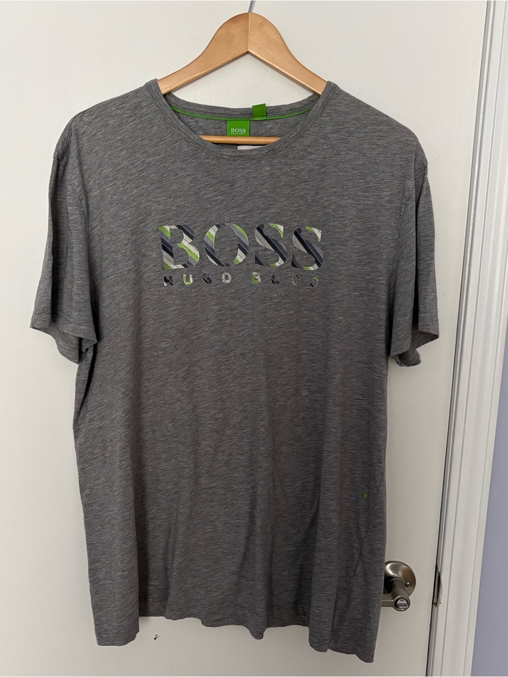 Hugo Boss Gray Short-Sleeve Embroidered Logo Tee with Green Accent